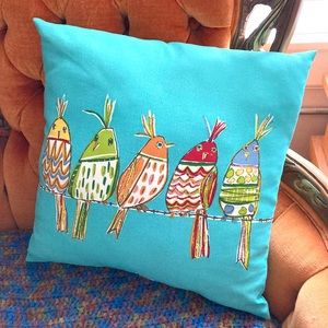 Five 5 Colorful Birds Turquoise Throw Accent Pillow